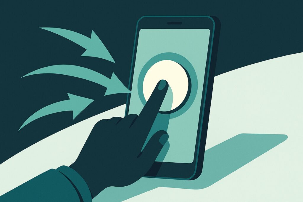 Flat teal illustration of a hand pressing a glowing button on a phone with response arrows, symbolising direct response marketing