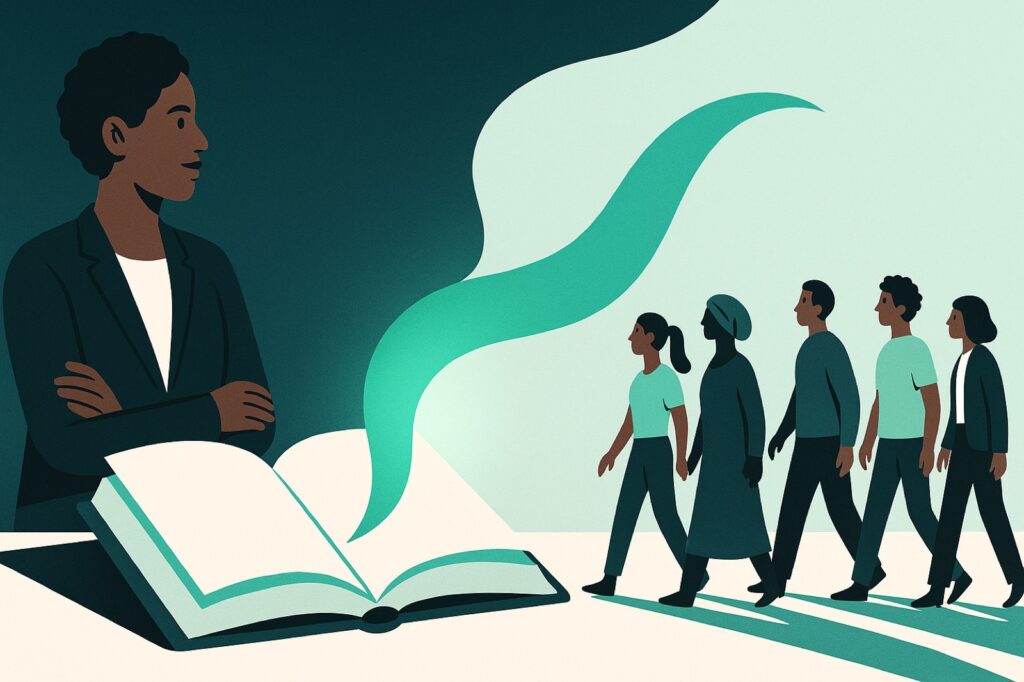 Flat editorial illustration of a storyteller beside an open book with a teal narrative ribbon drawing a crowd of customers toward it
