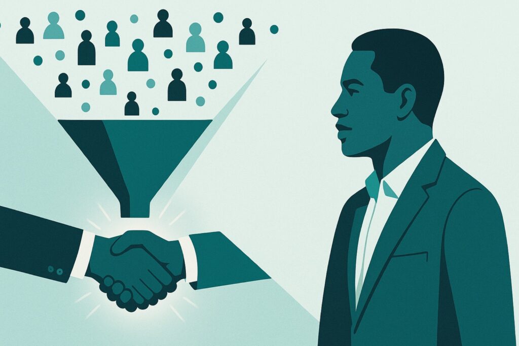Flat editorial illustration of a funnel turning scattered leads into a closed sale handshake