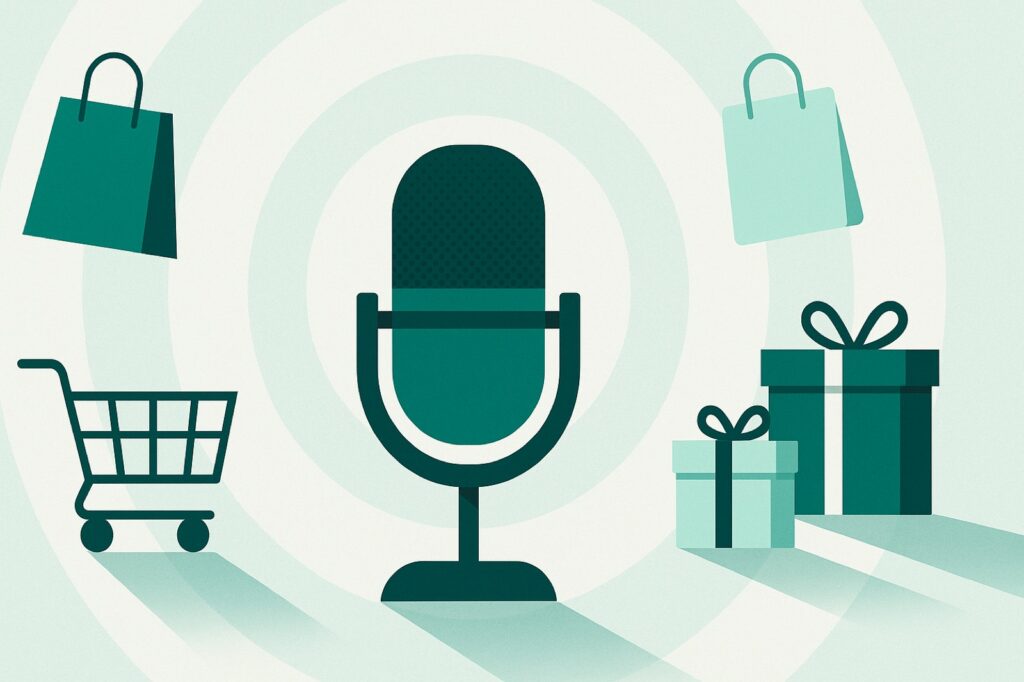 Flat teal illustration of a studio podcast microphone surrounded by shopping bags, a cart and gift boxes with sound waves, representing a Black Friday eCommerce playbook