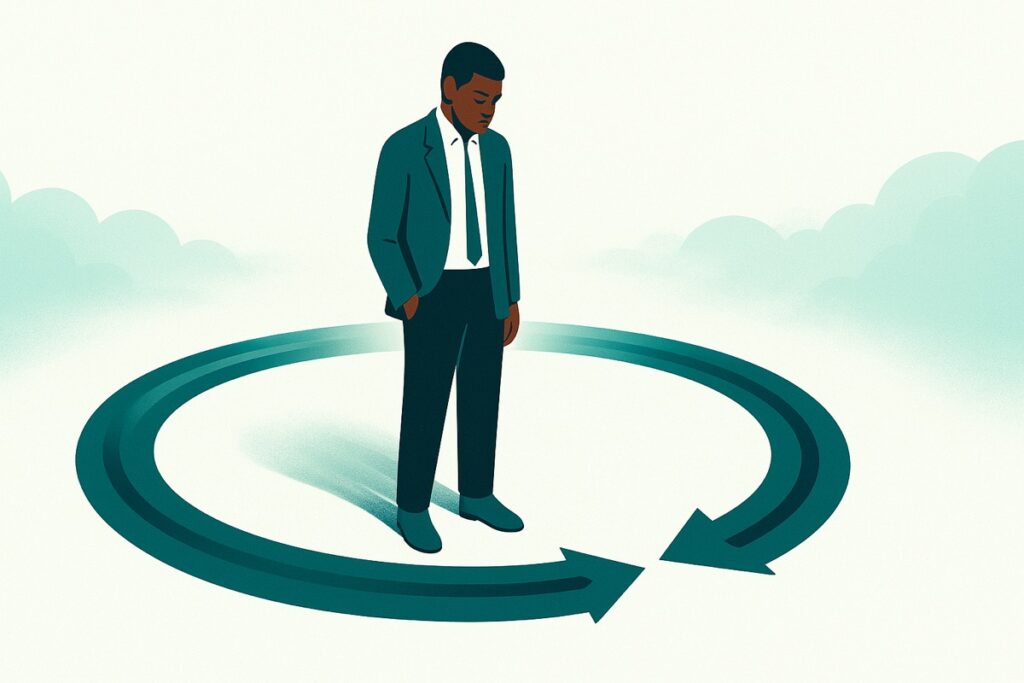 A founder trapped in a repeating circular loop, motion with no progress