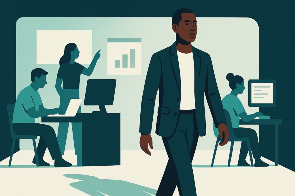 A founder stepping out of the critical path while the team keeps working in sync