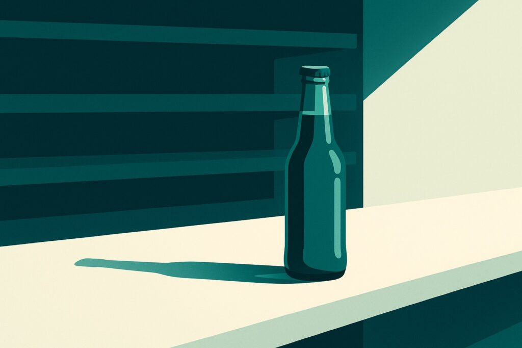 A single drink bottle alone on an empty shop shelf