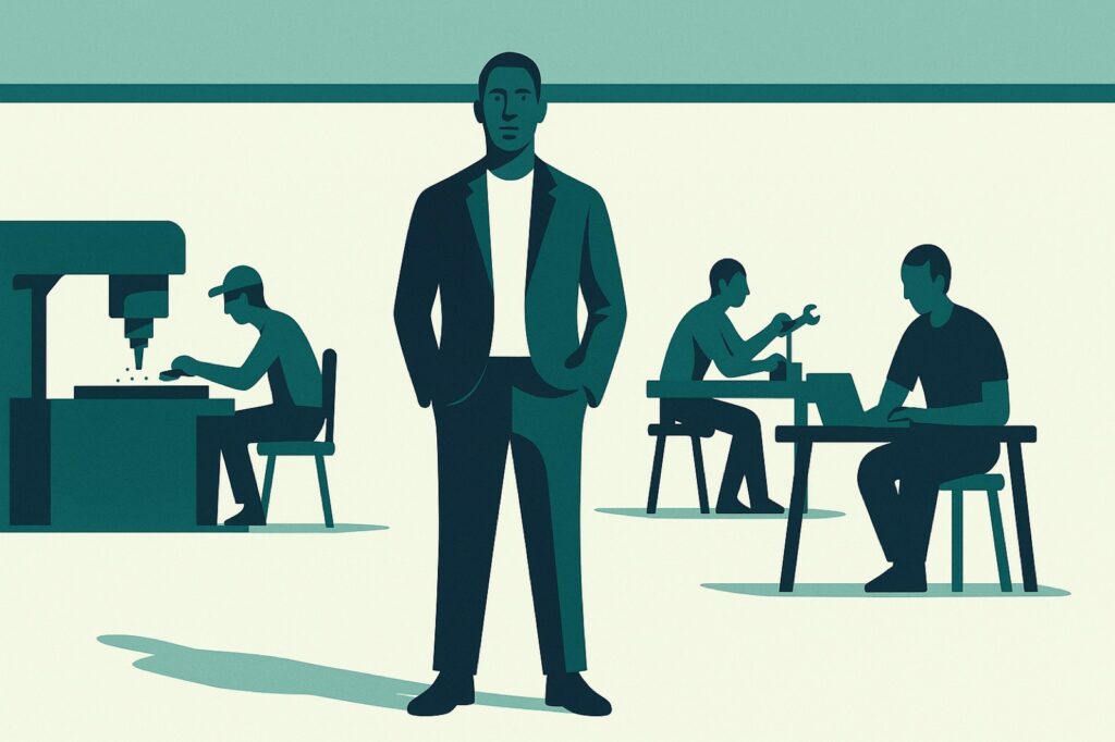 A business owner standing in a workshop while four team members work independently around them, under a low ceiling line