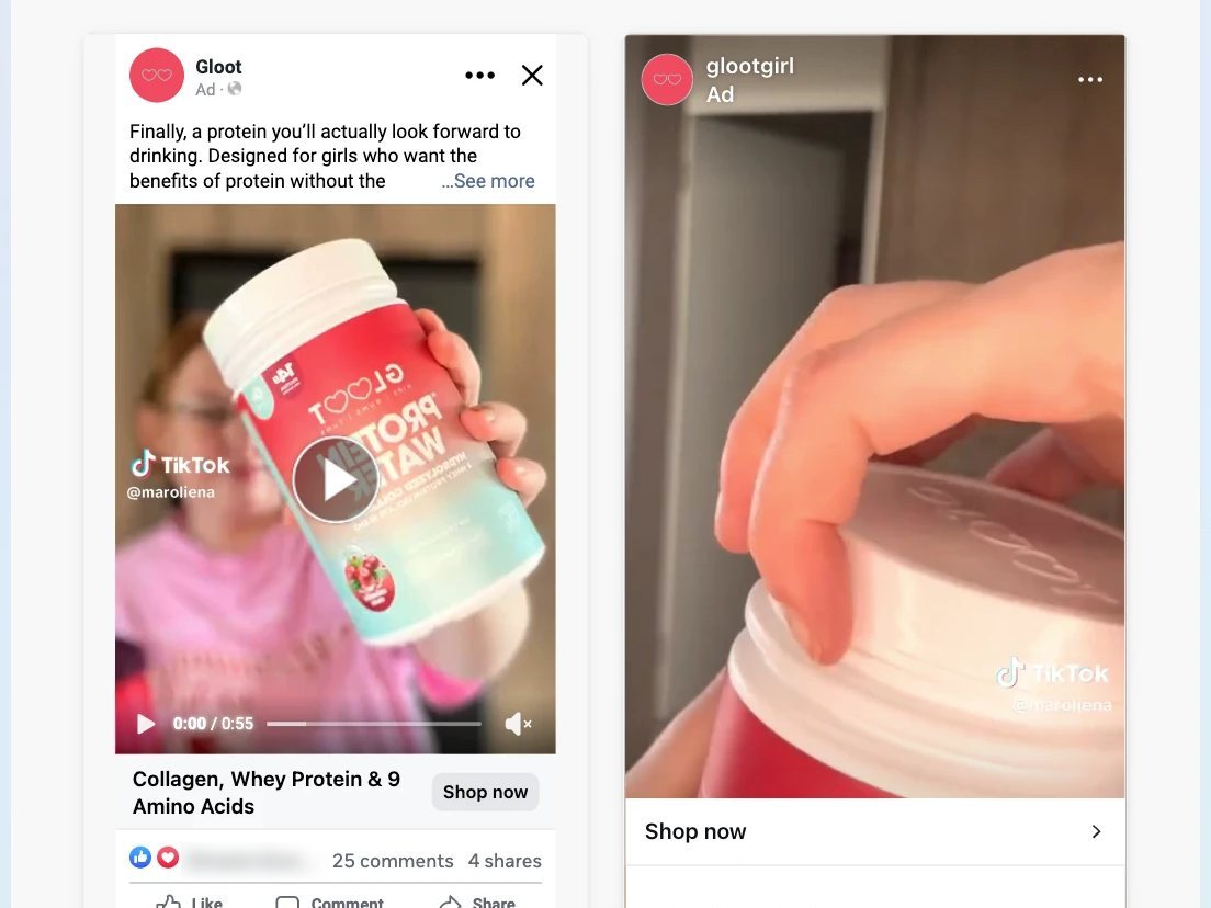 Two Meta ads side by side in the Ads Manager preview: a Facebook feed video and an Instagram Reel